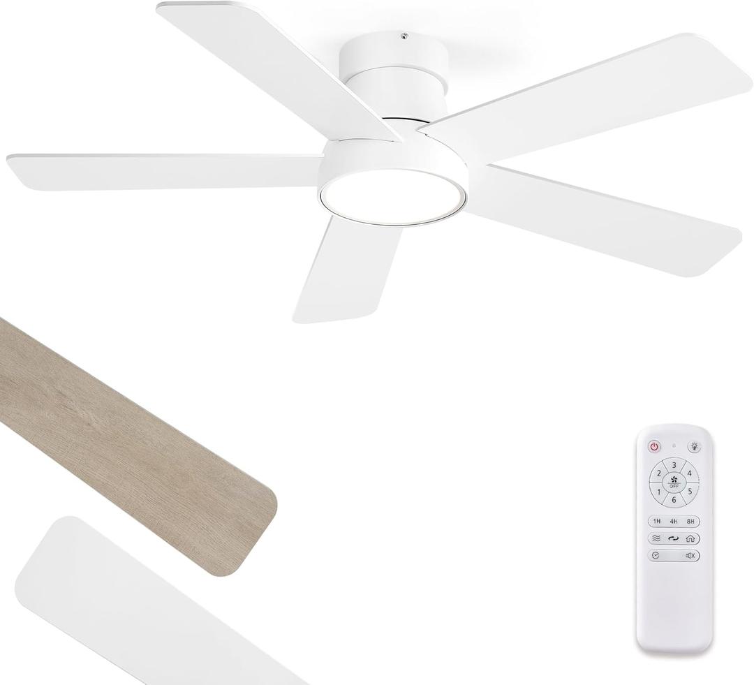 42 Inch Ceiling Fans with Lights and Remote,Outdoor Indoor Modern Flush Mount Ceiling Fan with 3CCT 6-Speed Quiet DC Motor,White Small Low Profile Ceiling Fan for Bedroom Living Room Office