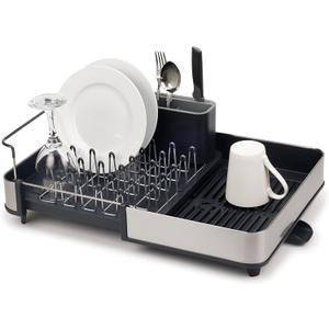 Joseph Joseph Extendable Dish Drying Rack with Dual Parts - Stainless Steel, Non-Scratch, Movable Utensil Drainer & Drainage Spout, Gray (Expandable)