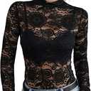 METWAY Women's Lace Long Sleeve Top Sheer Mesh Undershirt Blouse Sexy Floral See Through V Neck Lace Layering Tee Shirt (Medium, Crew Black)