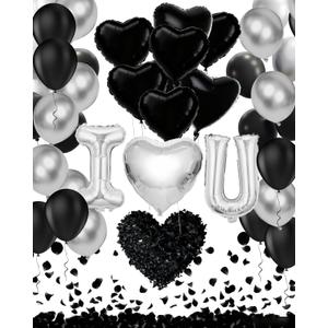 I Love You Balloons for Him, Black and Silver Heart Shaped Balloons with 2000 Black Rose Petals, Romantic Decoration Kit for Anniversary, Proposal, Valentine's Day Romance