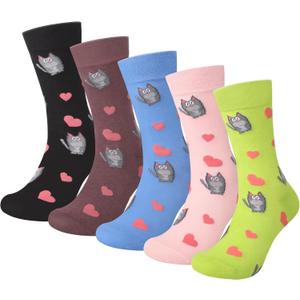 5-6 Pairs Women's Cute Cat Socks Gifts, Funny Novelty Animal Print Crew Cotton Socks Christmas Gifts for Women Girls
