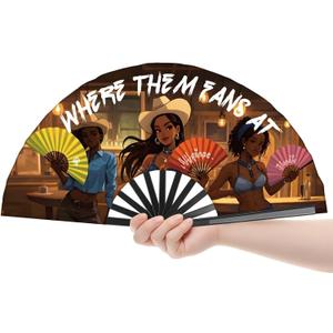 Where Them Fans At Hand Fan Foldable, Line Dance Popping Fans, Large Festival Hand Folding Fan, 26In