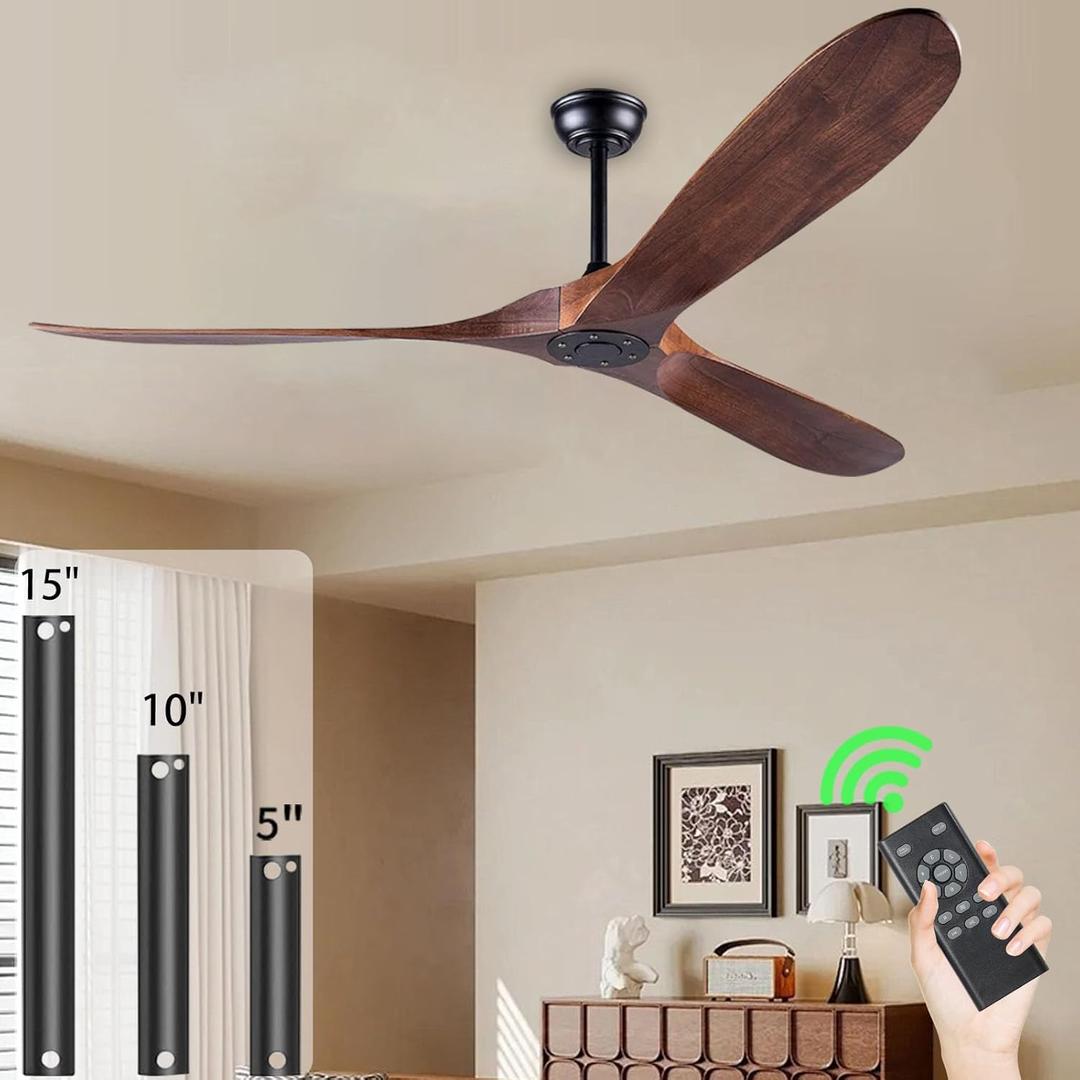60" Ceiling Fan, No Light & Remote Control - Quiet 3 Blade Wood Walnut, Suitable for Patios & Farmhouse