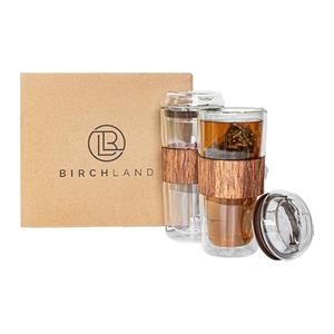 Birchland  Double Wall Glass Coffee or Tea Cup with Lid, Insulated, 12 oz, Set of 2