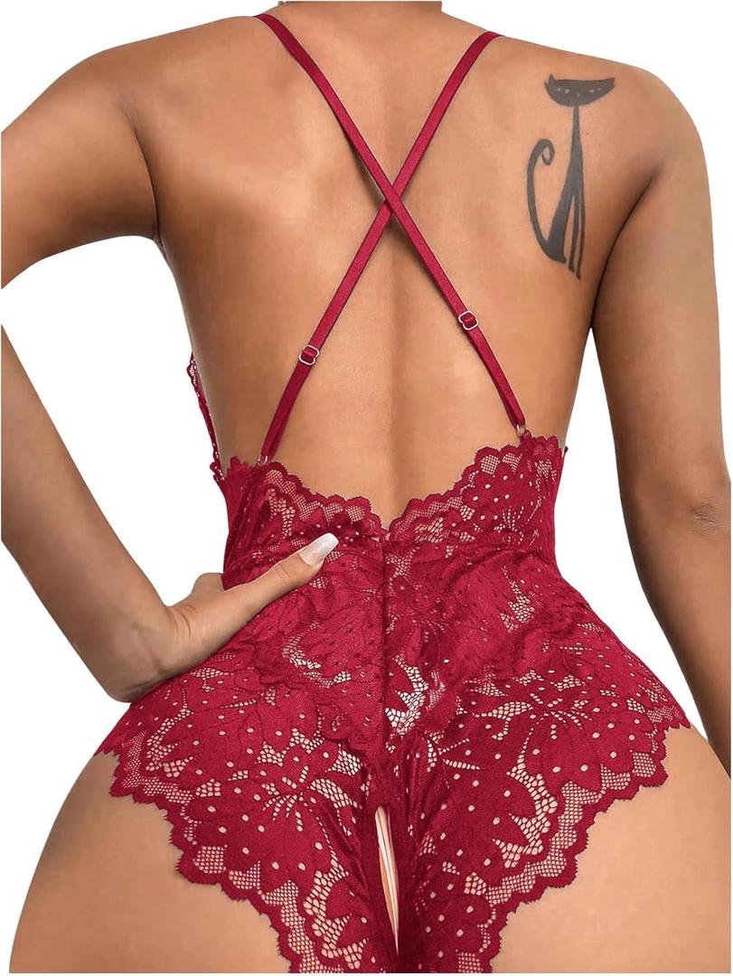 SOLY HUX Women's One Piece Lingerie Sexy Lace Babydoll Deep V Teddy Criss Cross Backless Teddy Mini Bodysuit (Red, S)