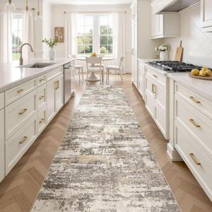 Hallway Washable Runner Rug: 3x12 Abstract Modern Soft Stain Resistant Non-Slip Backing Runner for for Entryway Kitchen Laundry - Gold Brown