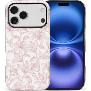 for iPhone 17 Pro Max Case, Aesthetic Pink Lily Hybrid 2 Layer Hard Shell Silicone Protective Pattern Design Case