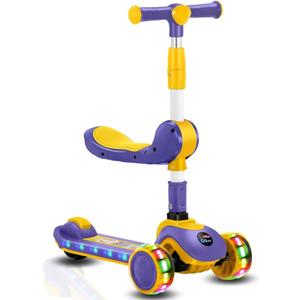 Little Olive 2-in-1 Kids Scooter with LED Wheels - Adjustable Handles, Rear Brake, Comfortable Seat, and Built-in Music - Durable and Foldable Kick Scooter for Boys and Girls Age 3+ - Purple