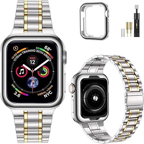 MioHHR Solid Stainless Steel Band Compatible with Apple Watch 38mm 40mm, Metal Strap with Soft TPU Case for iWatch Series 6 5 4 3 2 1 SE Women and Men (Gold, 38/40 mm)