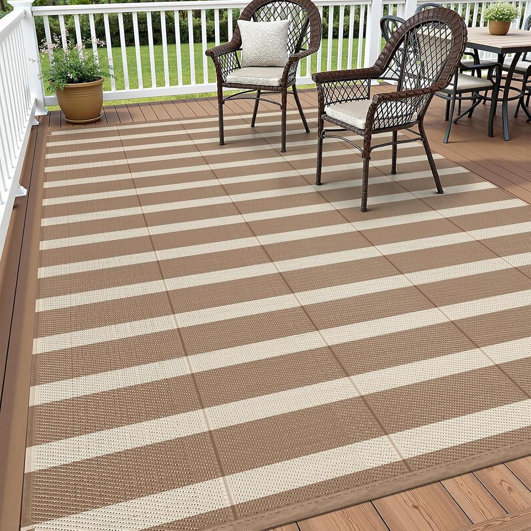 Vaukki Waterproof Outdoor Rug 5x8, Reversible Striped Patio Rug, Lightweight Plastic Straw Camping Mat, Indoor Outdoor RV Carpet for Outsides, Patio, Camping, Balcony, RV and Deck, Brown and Beige