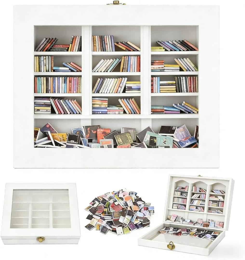 Stress Relief Mini Bookshelf Decoration Box with 300pcs Mini BooksMiniature Library for Book Lovers,Christmas Gifts for Family and FriendsEnd of Year Gifts for Children (White)