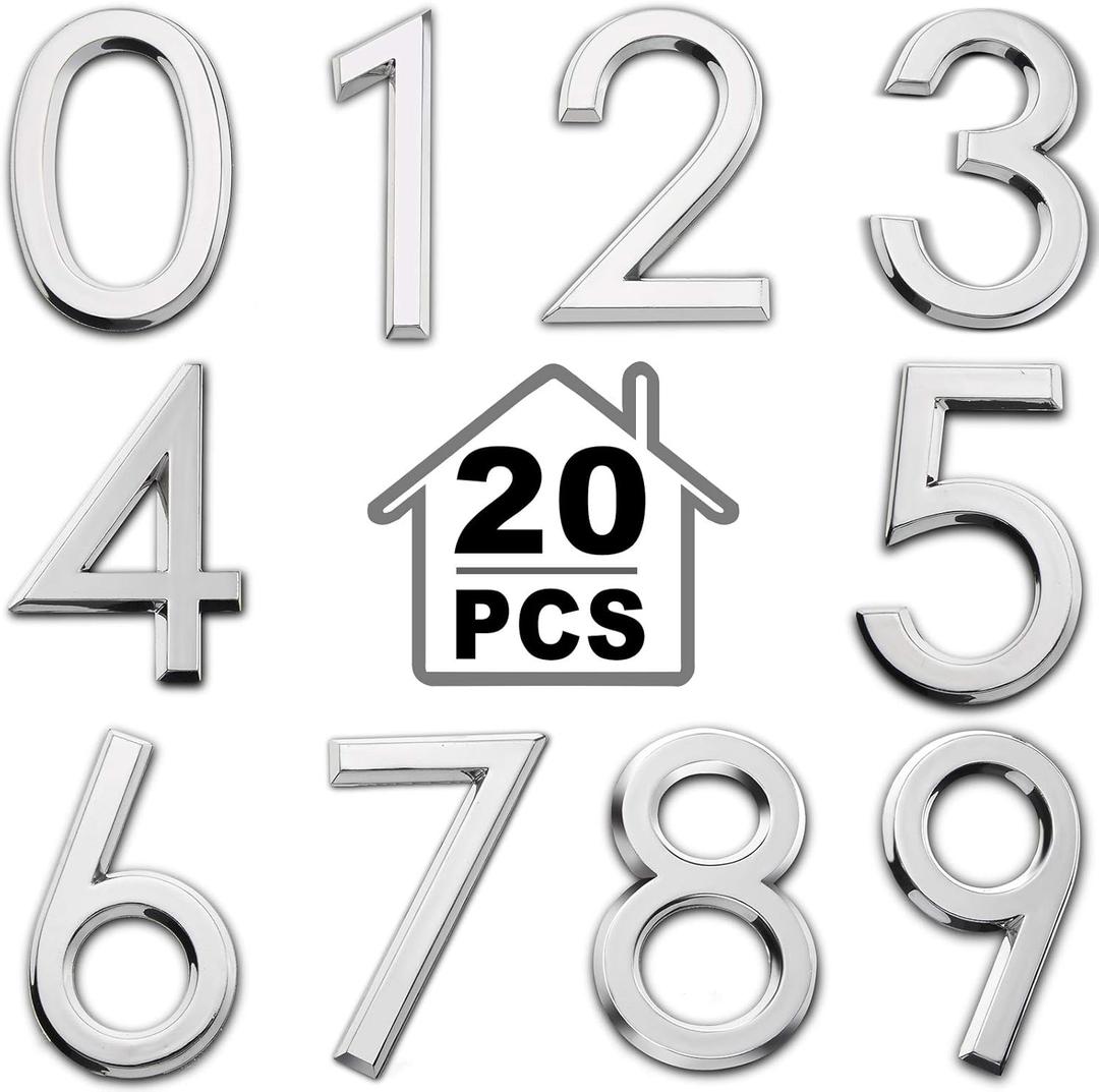 20 Pieces Mailbox Numbers 3D Door Numbers 0-9 Self-Adhesive 2 Inch Address Stickers Street House Signs for Residence, Apartment, Office Room, Mailbox (Silver)