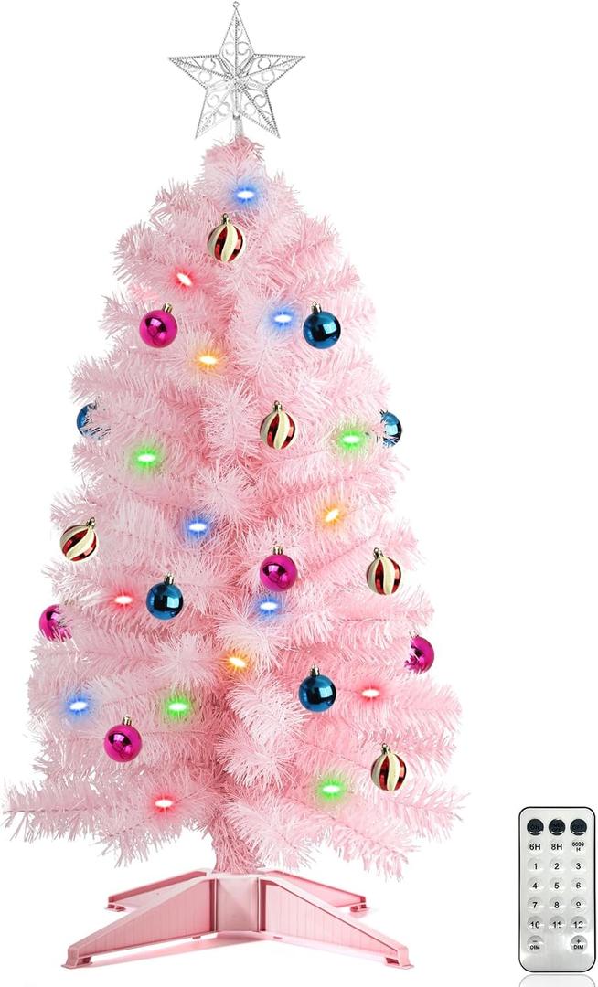 [ 12 Modes & Remote Control ] SURCVIO 3 Ft Christmas Tree with Timer 50 Four Color LED Lights DIY 15 Ball Ornaments Star Artificial Xmas Tree Indoor Outdoor Home Holiday Decorations (Pink)