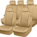 CAR PASS Piping Luxury Leather Seat Covers Full Set,5 Seats Leatherette Anti-Slip Waterproof Seat Covers Compatible with Front Armrests,Universal Fit for Suvs,Vans,Trucks,Airbag Compatible,Pure Beige
