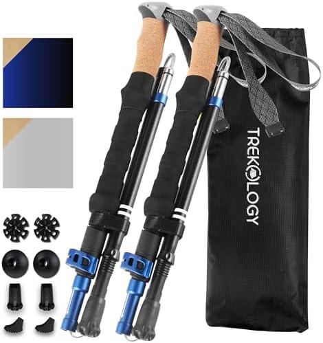 TREKOLOGY Trek-Z Cork Grip Trekking Poles – Lightweight Folding Hiking Poles, Adjustable Height, Compact Travel Design, Aircraft-Grade Aluminum Walking Sticks for Men & Women Black with Blue