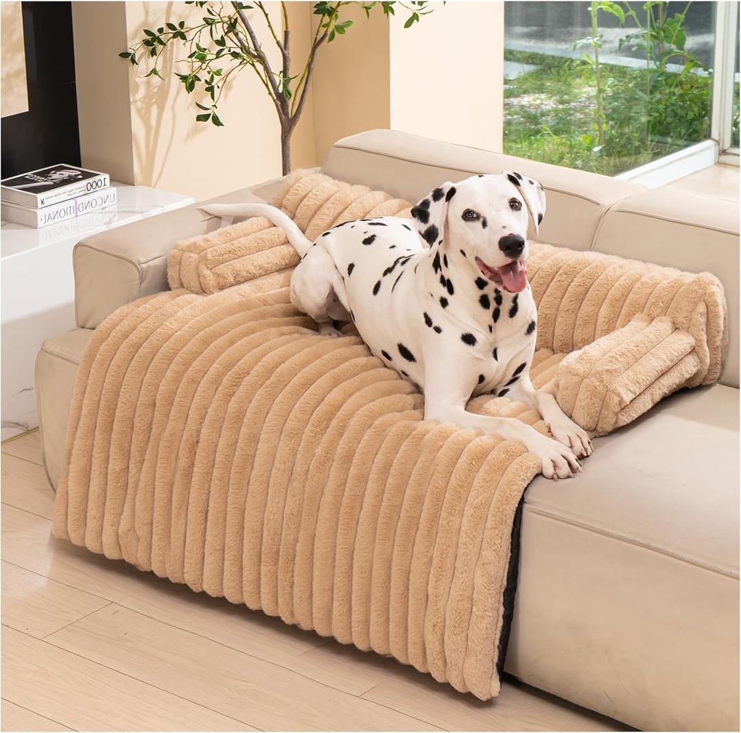 Avont Dog Bed Mat for Couch, Warm Fluffy Calming Sofa Topper Furniture Protector for Small Medium Large Dogs Cats with Removable Washable Cover -Brown(M)