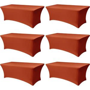 Table Cover for 6 Foot Rectangle Tables-6 Pack Rust Thanksgiving Fitted Stretch Tablecloth-Spandex 6ft Fall Tablecloths for Party, Vendor Booth Display, Banquet Buffet, Craft Trade Show