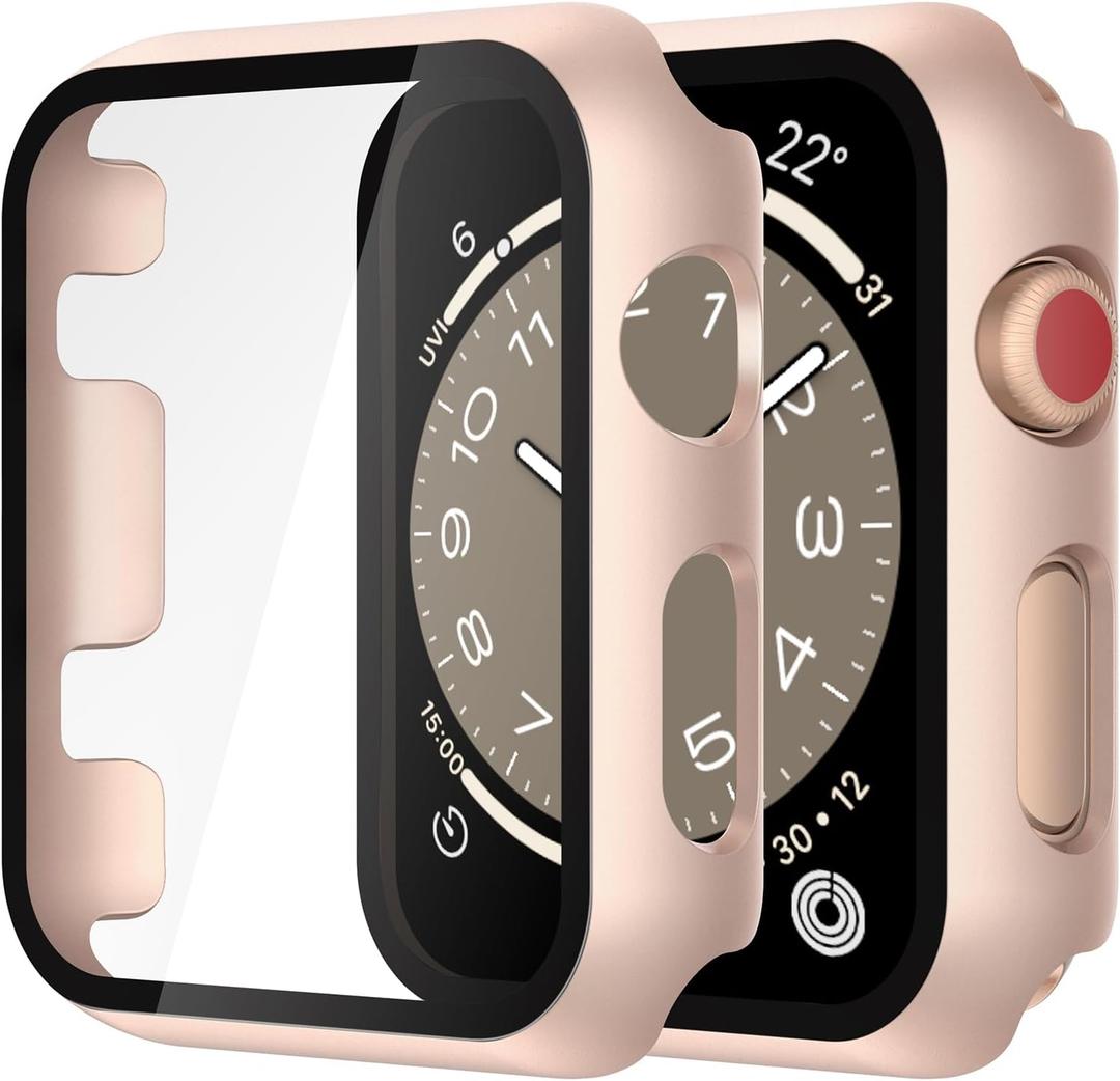 Misxi 2 Pack Tempered Glass Case Compatible for Apple Watch Series 3 Series 2 42mm, Hard PC Screen Protector Overall Protection Scratch-Resistant Cover for iWatch, 1 Rose Gold + 1 Transparent