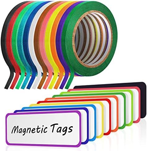 Fainne 12 Roll 1/8 Whiteboard Thin Tape with 54 Magnetic Dry Erase Label Name Plate Tag Magnetic Name Tag Pinstriping Tape for Back to School Office Supplies(Colorful)