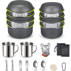 G4Free Camping Cookware Mess Kit 19 Pieces Hiking Backpacking Picnic Cooking Bowl Non Stick Pot Pan Knife Spoon Set 19PCS (Green)