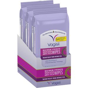Vagisil Wipes, Anti-Itch Medicated Feminine Vaginal Wipes, Maximum Strength, Instant Relief, 20 Wipes (Pack of 3)