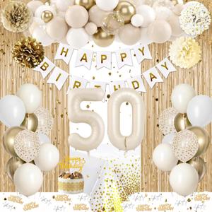 50th Birthday Decorations, Happy 50th Birthday Decorations White and Gold Balloons Happy Birthday Banner Tablecloth Fringe Curtain Cake Topper Paper Pom Poms Men Women 50th Party Decorations 50 Bday