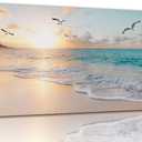 Beach Wall Art Decor for Living Room Ocean Canvas Picture for Wall Gold Sunset Painting for Bedroom Blue Seascape Theme Art Print for Bathroom Home Office Decoration Ready to Hang(20"x40")