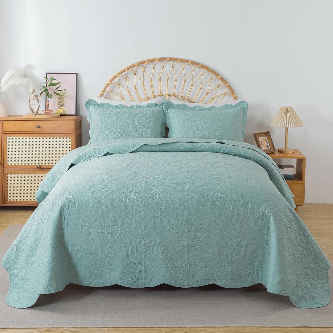 HoneiLife King Quilt Bedding Set - 3 Pieces Microfiber Quilt Sets Lightweight Bedspreads Reversible Coverlets Retro Bed Cover Quilt King Size All Season Quilts-Sage Green (King-106" x 96")