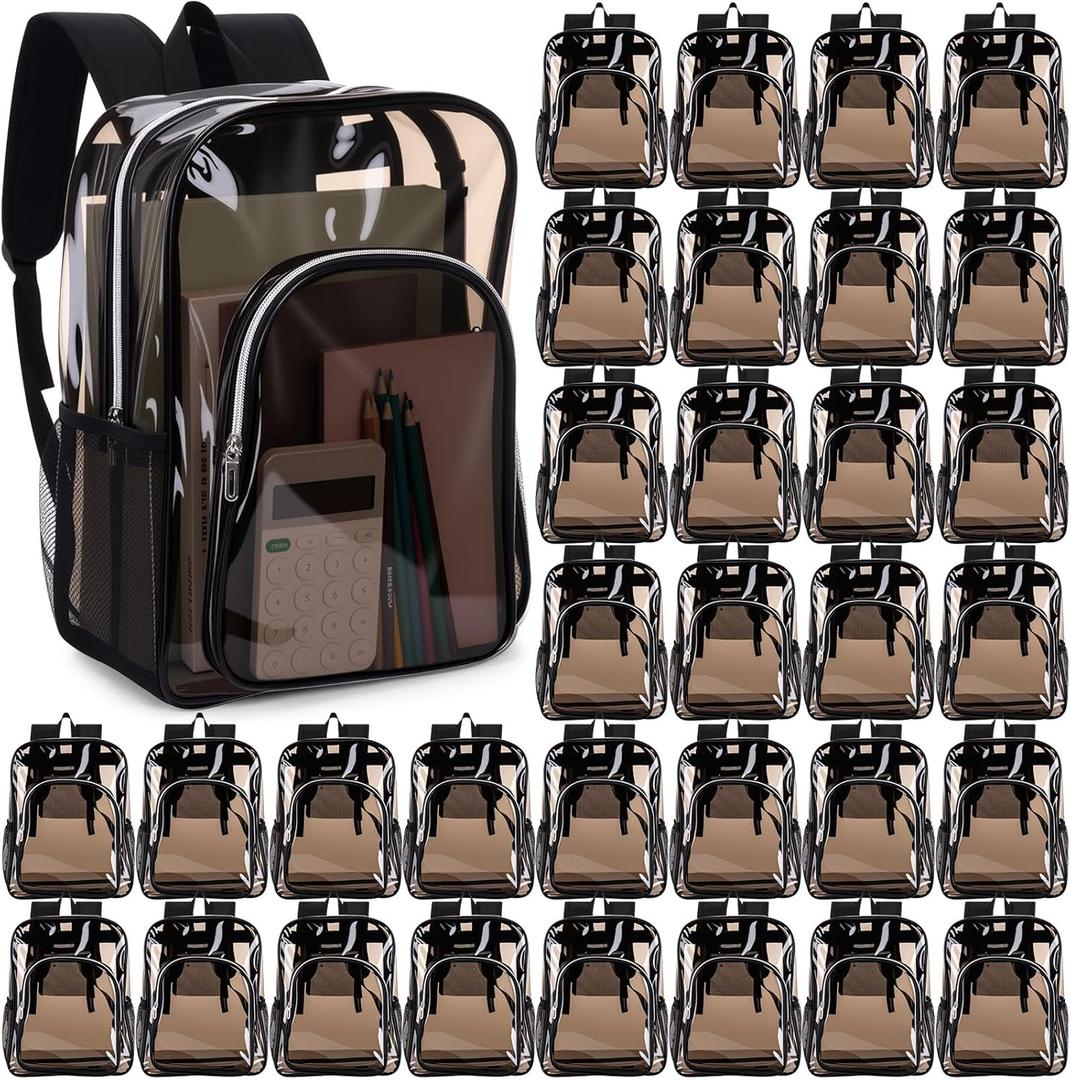 Amylove 32 Pack Clear Backpacks Bulk Heavy Duty PVC Black Transparent Backpack 15" See Through Bags for Sports Work Unisex
