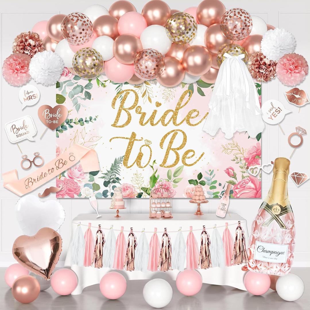 Bachelorette Party Decorations, Rose Gold Bride Shower Decorations Bride to Be Banner Backdrop Veil Sash Confetti Foil Balloons Tassel Paper Pom Poms Photo Props for Engagement Wedding Party Favors (Pink and White)