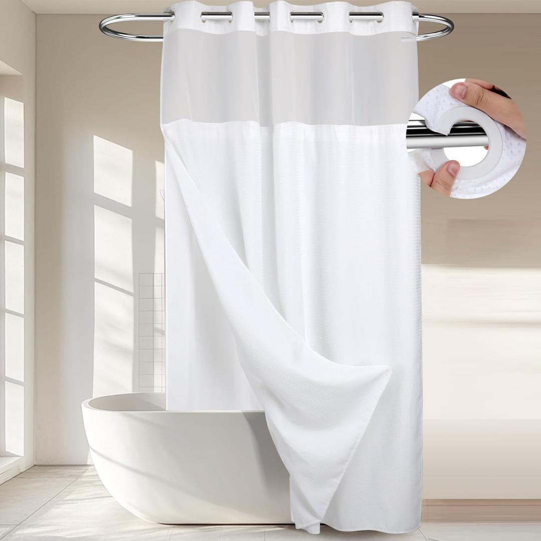 River Dream Extra Long Shower Curtains No Hooks Waffle Weave Shower Curtain with Snap in Liner - 71W x 86H,Hotel Grade,Spa Like Bath Curtain,White