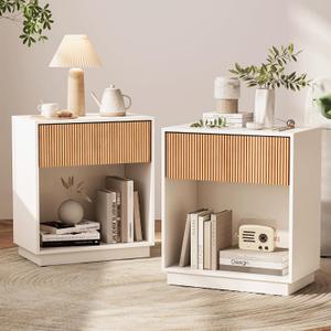 Fluted Nightstands Set of 2, Modern Bedside Table with Drawer and Storage Shelf, Wood End Table Mid Century Night Stands for Bedroom Living Room Sofa Couch Office (White+Oak), 19 Inches X 12 Inches X 24 Inches