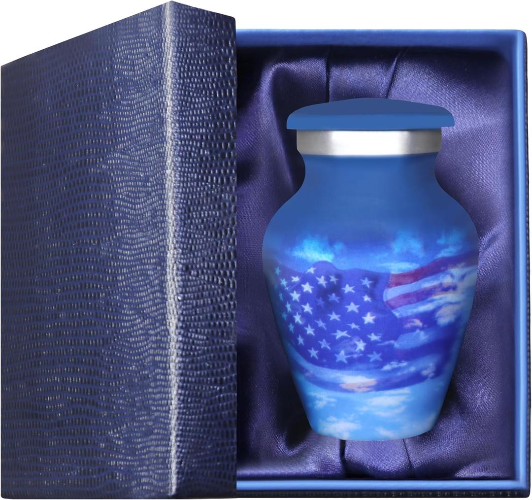 M MEILINXU Small Urns for Human Ashes Keepsake, Mini Urn for Ashes Adult Male & Female, Miniature Decorative Urns, Cremation Container, Blue Sky and White Clouds, Patriotic Flag, Veteran Urn - Little