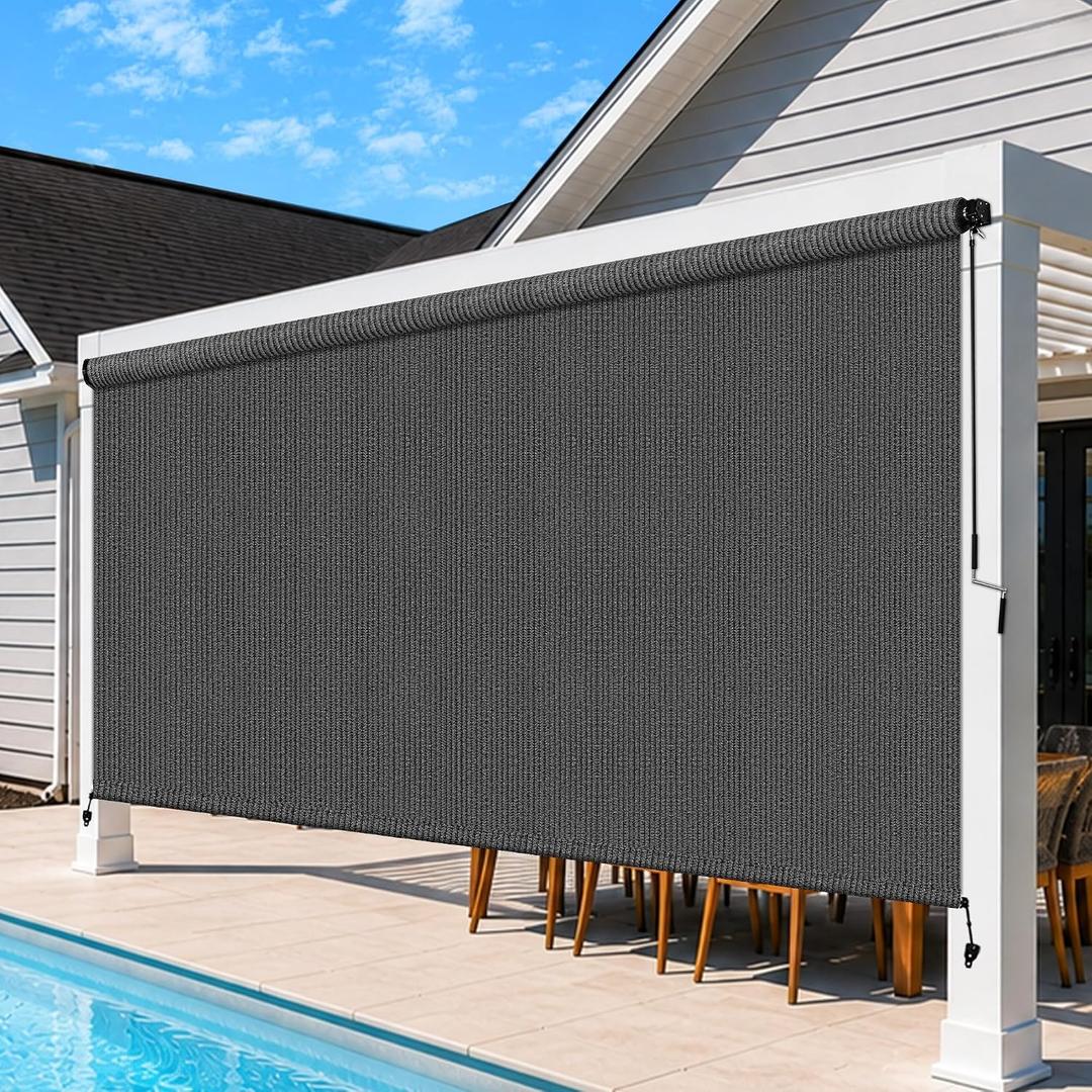 Outdoor Roller Shades for Patio, 9' W x 8' H Cordless Patio Shades Roll Up Outdoor Blinds with Splicing Design, 90% UV Protection for Porch Gazebo Pergola, Gray, 108"W x 96"H