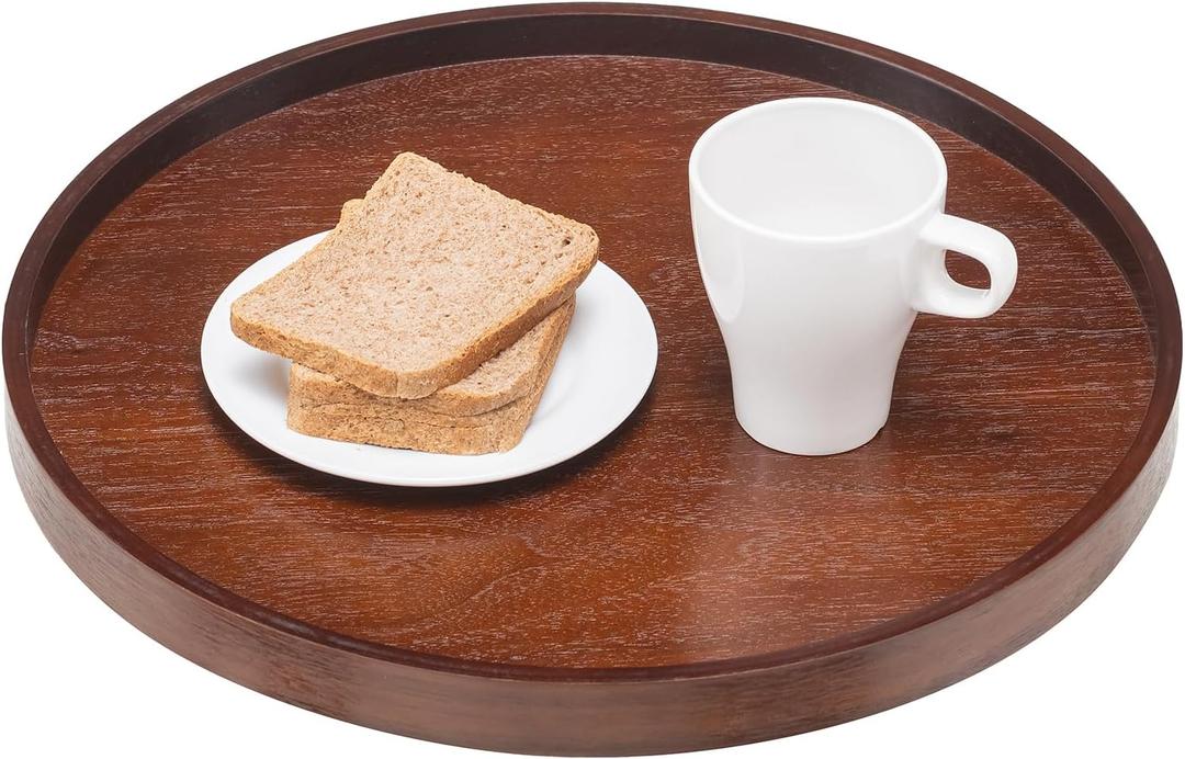 Extra Large Round Solid Wood Serving Tray, Classic Tea Coffee Table Wooden Decorative Ottoman Tray Server for Breakfast in Bed Snack Food Kitchen Party Bar, Raised Edge (16inch/40cm) Walnut