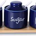 ONTUBE Farmhouse 8oz, Sugar Pepper and Salt Bowls with Lid and Spoon, Ceramics Condiment Pots,Seasoning Jar Spice Container for Kitchen,Dishwasher Safe (Blue)