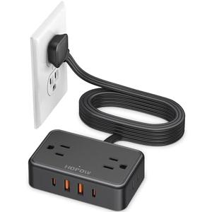 HOPOW Flat Plug Extension Cord, 6 Ft Ultra Thin Power Strip, 4 AC Wide Spaced outlets and 4 USB (2 USB-C) Ports, No Surge Protector for Cruise Ship, Travel, Dorm Room Essentials (Black)