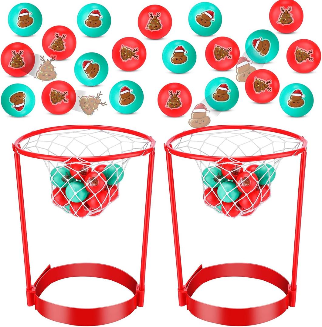 Jenaai 2 Pack Christmas Head Hoop Game Poop Shoot Party Game for Family Friends Gag Fun White Elephant Gift Adjustable Basket Net Headband with 20 Balls for Carnival Birthday Party Indoor Outdoor
