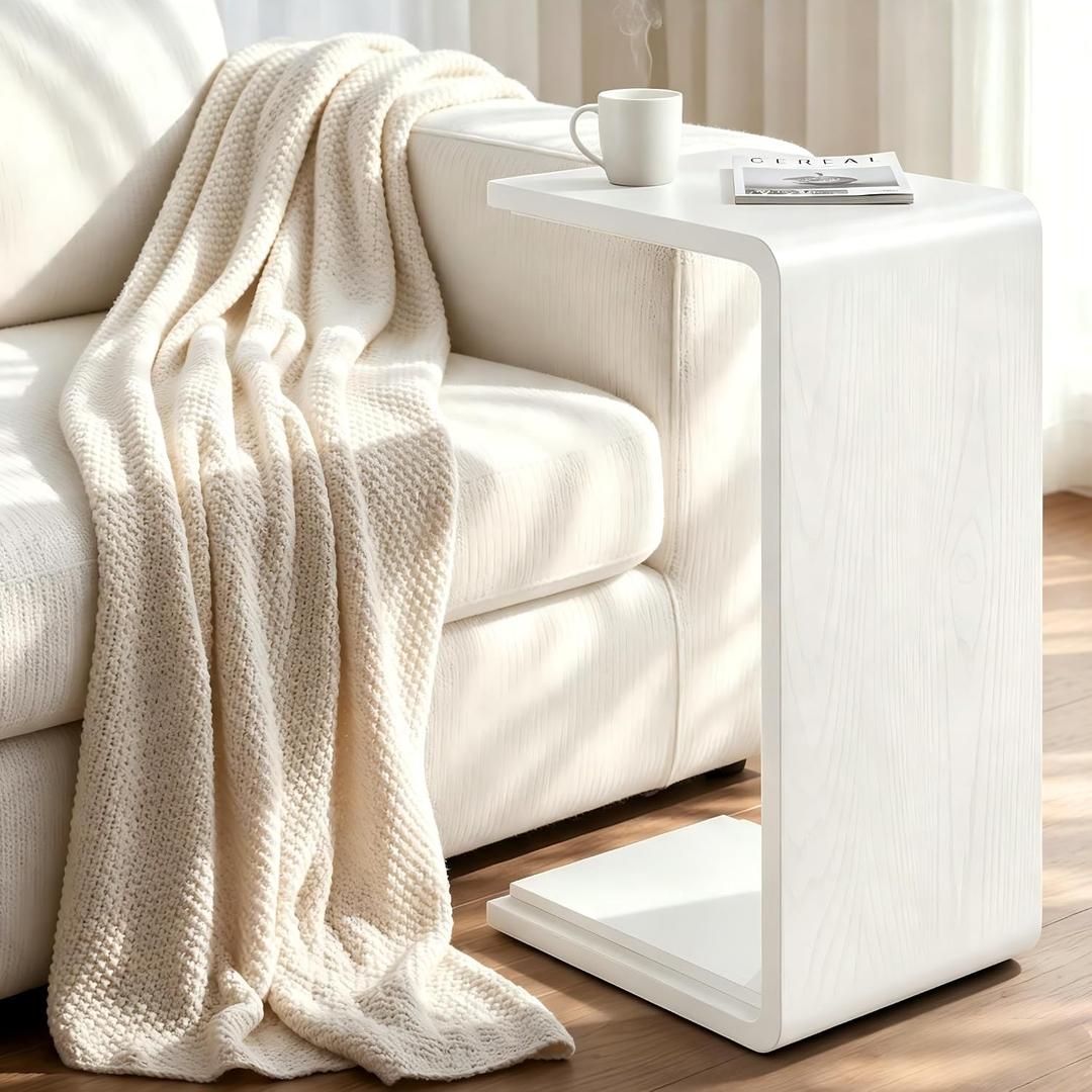 Solid Wood C Shaped Sofa Side Table, Small End Table for Couch, Modern Simple Narrow Table for Small Spaces, Mini Coffee Table for Living Room, Bedroom, Bedside (Whitewash)
