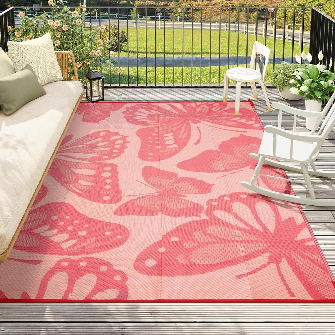 Wonnitar Waterproof 6x9 Outdoor Rug for Patio Clearance, Reversible Plastic Straw Rug Large Portable Camping RV Rug, Butterfly Outside Area Rug for Backyard Balcony Garden, Pink