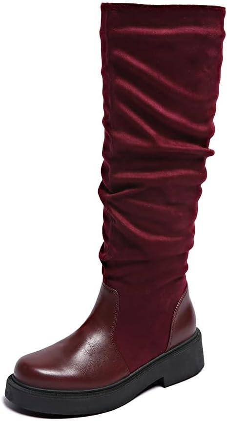 Women's Fashionable Chunky Heel Riding Boots with Side Zipper -Durable & Stylish (5.5, Wine Red)