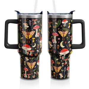 Red Mushroom Gifts 40 Oz Tumbler with Handle and Lid Straw, Stainless Steel Double Walled Vacuum Insulated Cup Mug, Moth Lover Birthday Gifts for Women Men (1 PC