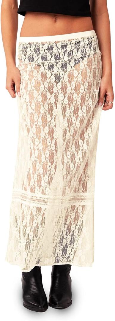 Cicy Bell Womens Sheer Lace Maxi Skirt Summer Beach Cover-ups Casual Streetwear Long Y2K Skirts Beige