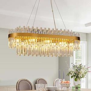 PAFEE 35.4" Brushed Gold Rectangular Crystal Chandelier for Dining Room