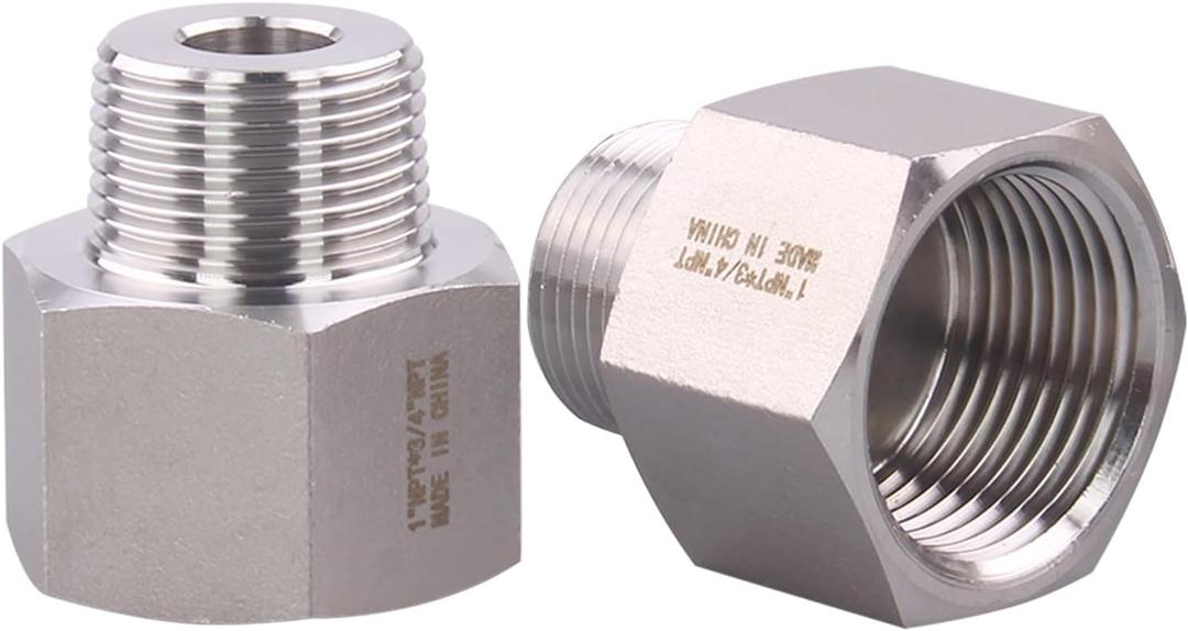 Forged Reducer Adapter Fitting - Stainless Steel 304 Reducing Pipe Connector, 1" NPT Female x 3/4" NPT Male (pack of 2)