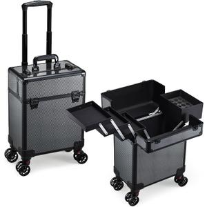Rolling Makeup Case, Cosmetology Case on Wheels Professional Vanity Case with Trays for Women Large Travel Makeup Box Organizer Trolley with Key, Ashy Grey