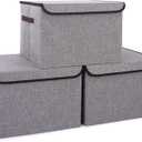 Bagnizer Large 17" 42 Quarts Collapsible Stackable Storage Bins with Lids [3-Pack] Foldable Fabric Linen Storage Boxes Cube, Closet Organizer Baskets with Label for Home (16.7 x 12 x 12, Gray)