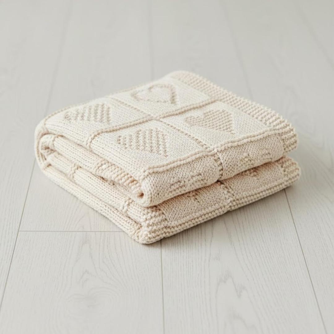 Baby Knit Cotton Blanket Cream Heart Texture Soft Cotton Nursery Crib Throw for Baby Shower Birthday Size 30x40