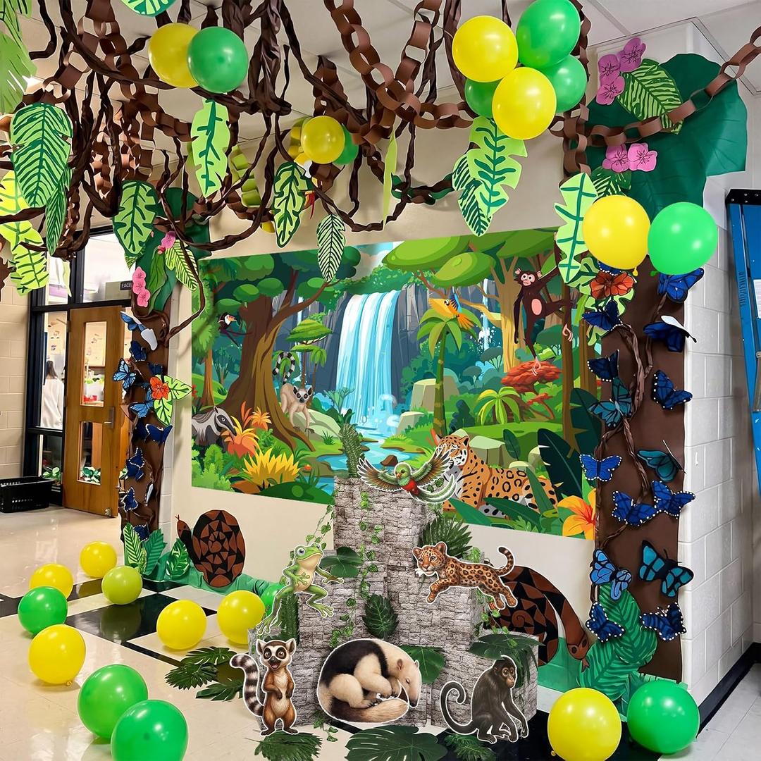 Chumia 9x6ft Rainforest Backdrop Set for 2026 Vbs Decoration Animal Vines, 5 x 6.9 ft