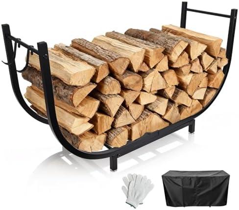 Firewood Rack Outdoor w Thicken Cover, 35 Inch Indoor Firewood Rack - Stable Curved Firewood Storage Heavy Duty & Rustproof Metal Firewood Holder w Hook for X-mas Decorations or Tools Nearby Fireplace